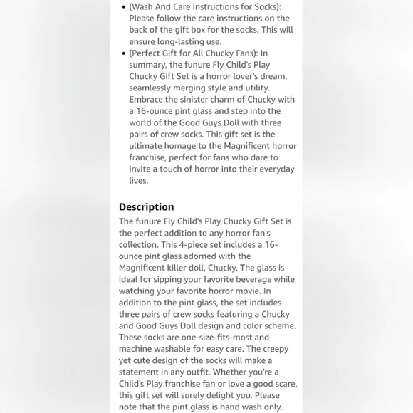 Culture Fly Child's Play Chucky 4 Piece Gift Set 3 Sock Pairs Pint Glass Sz 14+ - Picture 5 of 11